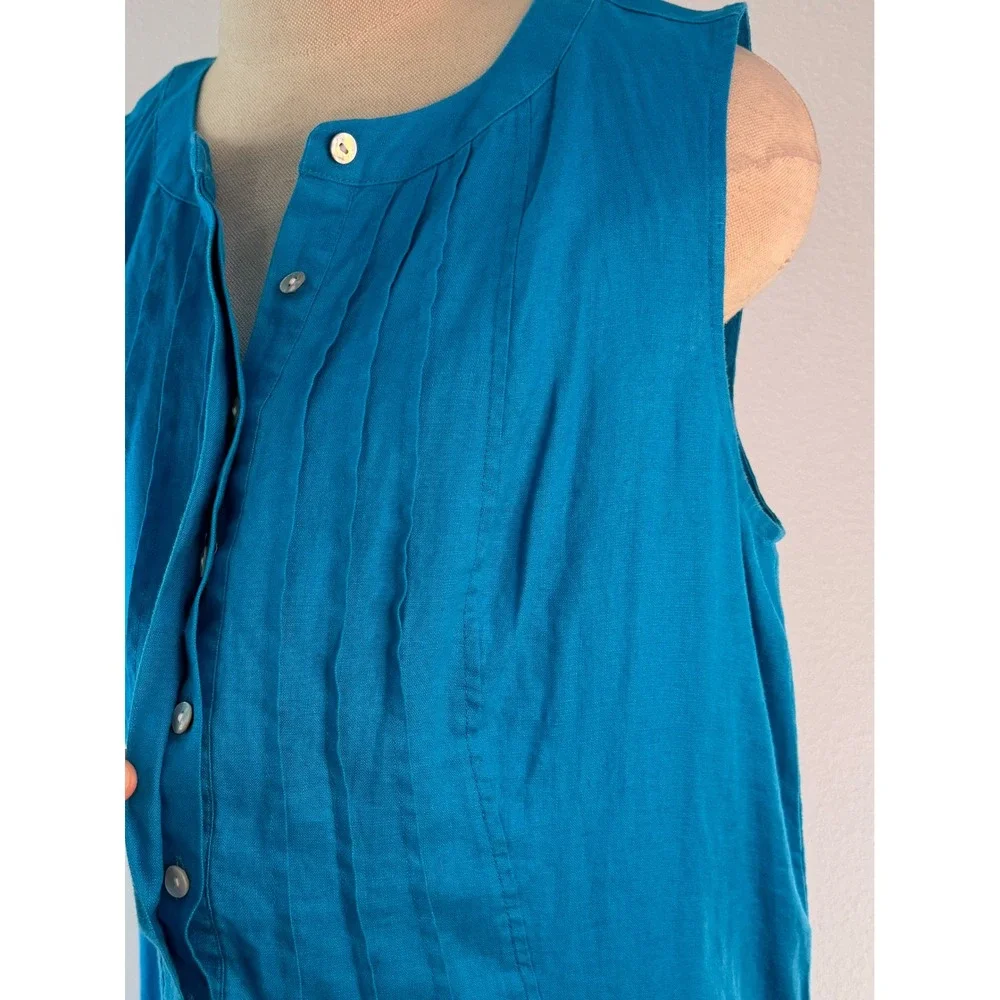 J. Jill Love Linen Teal Blue Pleated Shift Dress 100% Linen Pockets Sleeveless L - Picture 5 of 8